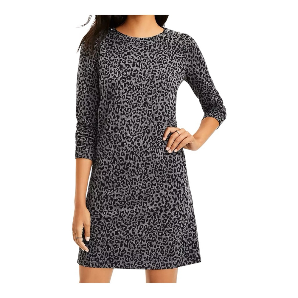 LOFT Petite Leopard Print 3/4 Sleeve Shift Dress Grey Black SP